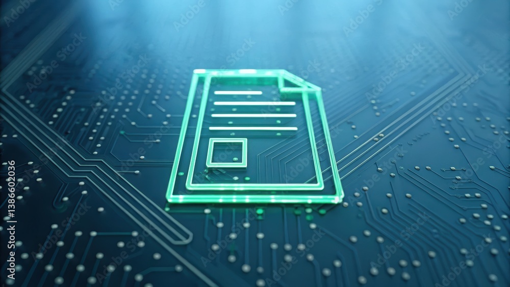 Poster cell phone placed on a circuit board with green glow indicating consent form and digital security