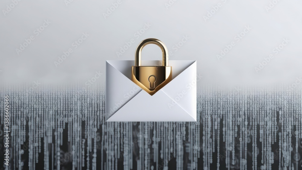 Aufkleber minimalist white envelope icon sealed with golden padlock over encrypted binary fog interface look