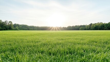 Obraz premium A vast, green field stretches to a tree line under a bright sun. The suns rays stream across the scene. The image is high-resolution, showcasing a serene, pastoral aesthetic. The colors are vibrant