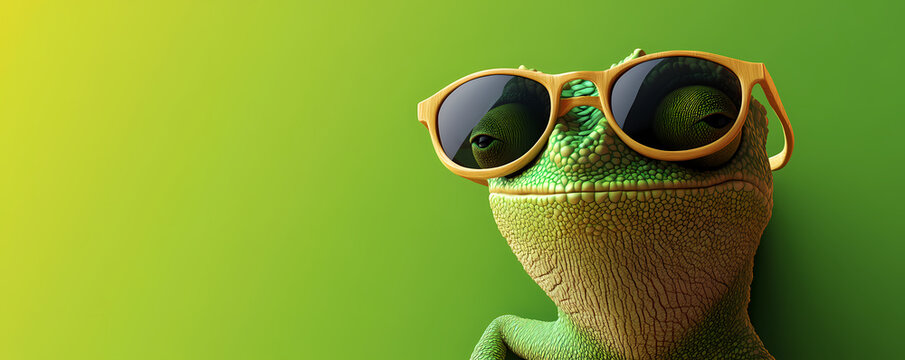 Cool Chameleon with sunglasses: A vibrant chameleon sporting stylish sunglasses strikes a pose against a bright green background, a playful reminder of fun and style. 