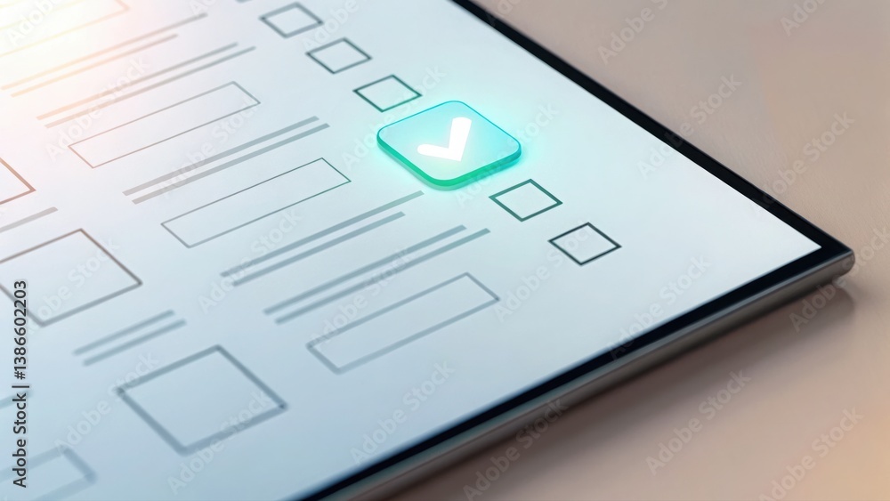 Poster digital tablet displaying privacy agreement checklist with glowing checkboxes for user compliance