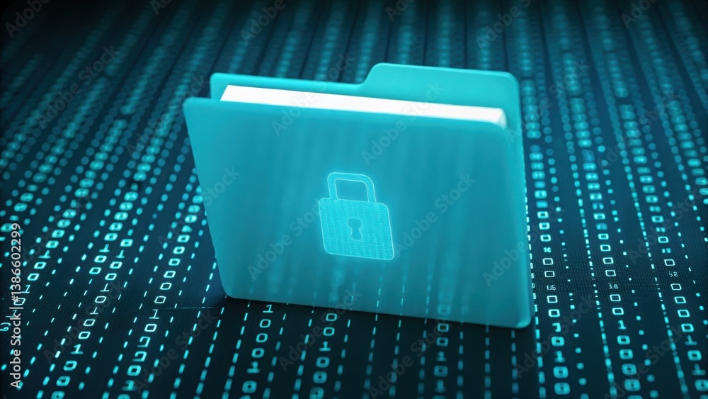 Poster secure report folder with padlock and privacy label glowing in digital environment for data safety