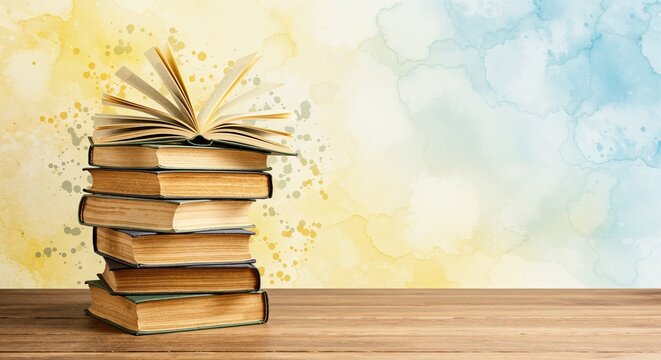 Stack of Books with Open Book on Colorful Background  
