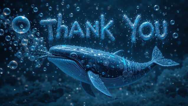A whimsical underwater scene featuring a whale gracefully swimming amidst bubbles and the phrase 'Thank You' in artistic font.