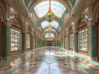 Naklejka premium Elegant Boutique Interior with Exquisite Displays and Luxurious Architectural Details in a Spacious Hallway