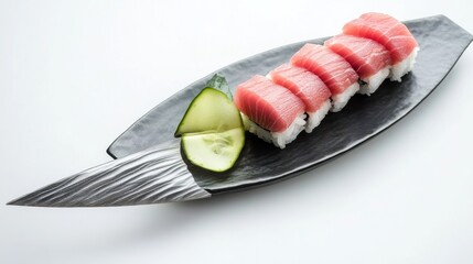 A plate of sushi rolls with avocado, tuna, and cucumber. Featuring Japanese cuisine
