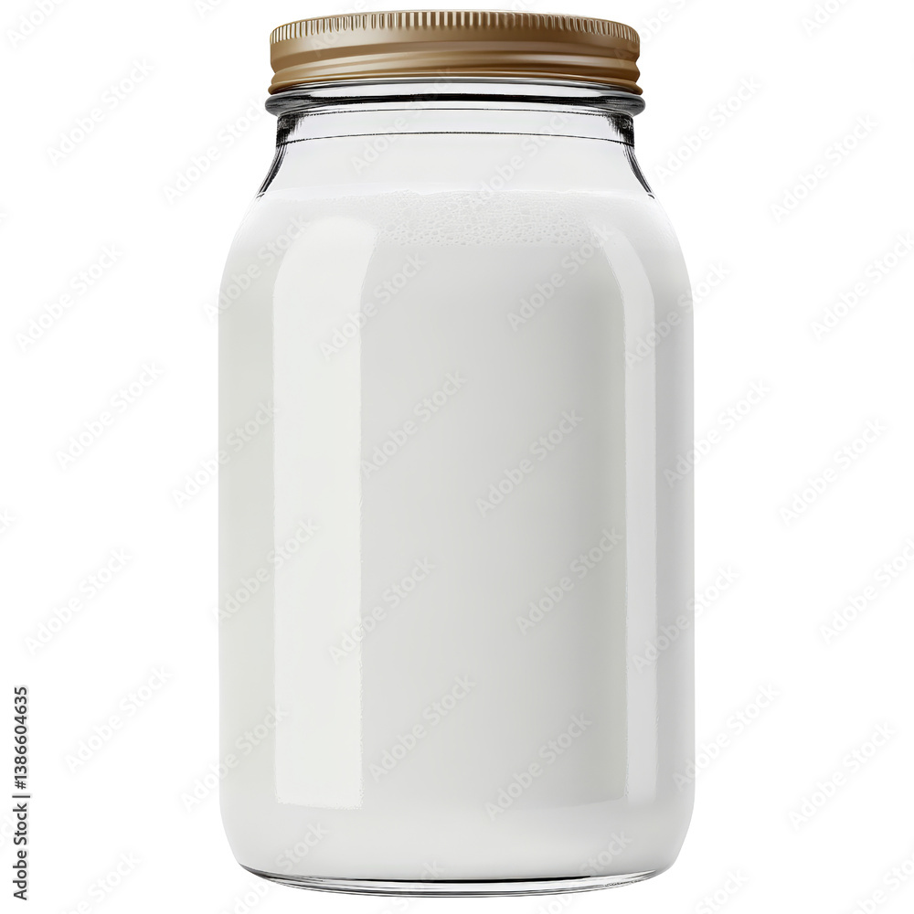Poster glass jar filled with fresh milk displayed on a clean surface highlighting its smooth texture and pu