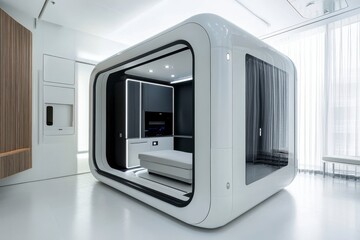 Fototapeta premium Futuristic White Pod Room Interior Sleek Minimalist Design