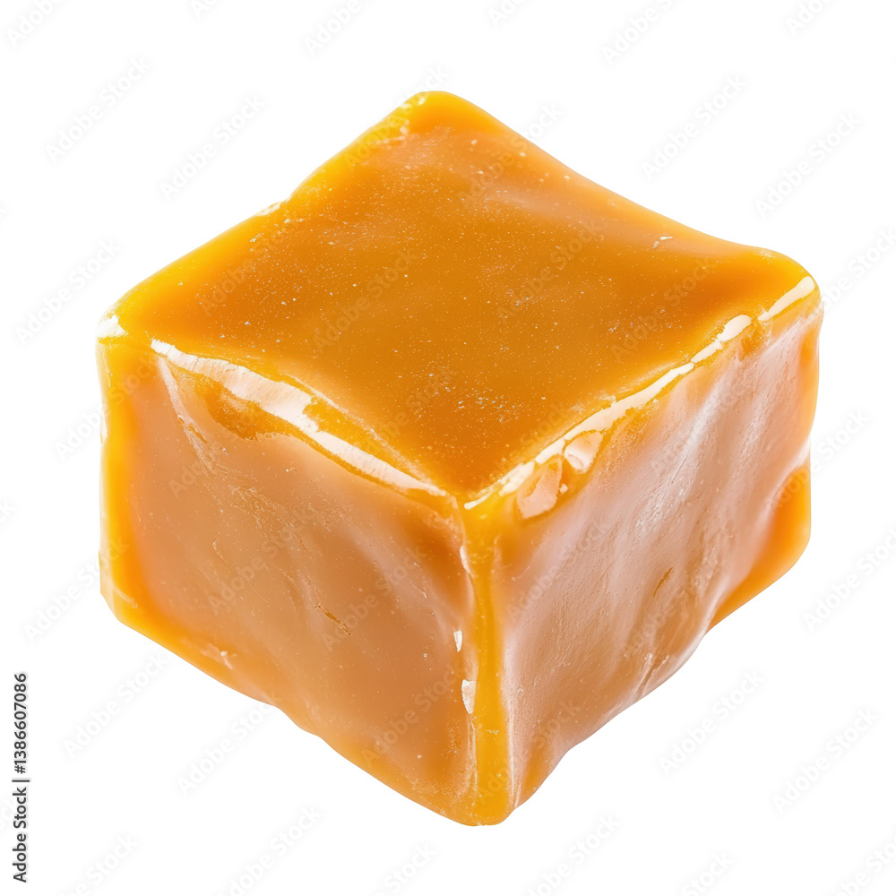 Poster a smooth cube of rich caramel perfectly positioned on a light surface ready to be indulged in for a 
