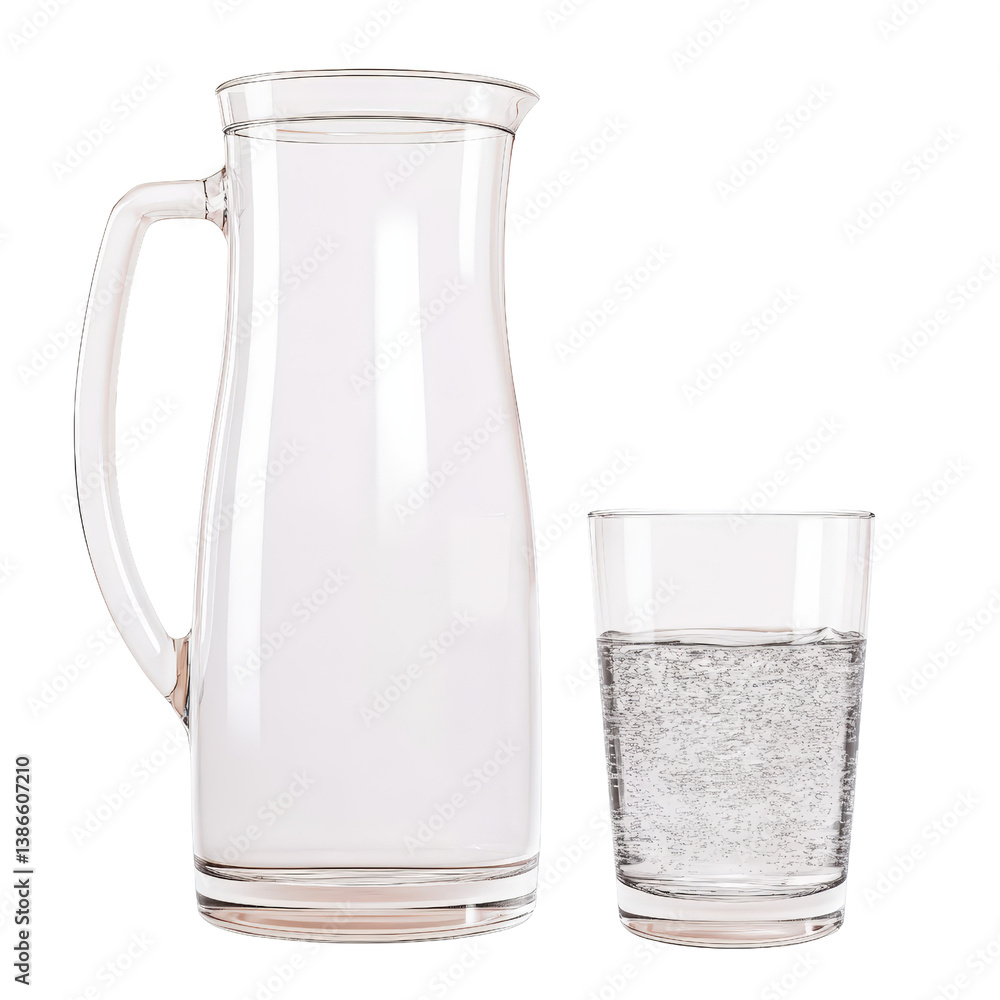 Poster a refreshing glass of water poured from a stylish pitcher captured in bright light against a clean b