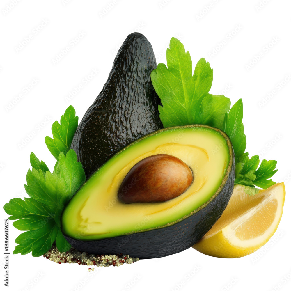 Poster a perfectly sliced avocado accompanied by fresh lemon and parsley on a rustic wooden cutting board r
