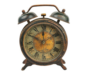 Antique vintage alarm clock timepiece aged grunge design rustic brown old on transparent background