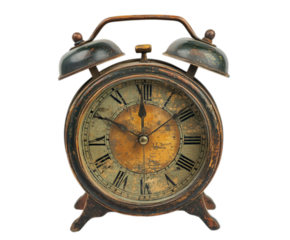 Antique vintage alarm clock timepiece aged grunge design rustic brown old on transparent background