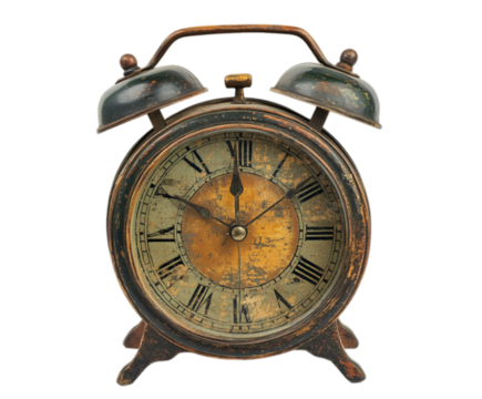 Antique vintage alarm clock timepiece aged grunge design rustic brown old on transparent background - Powered by Adobe