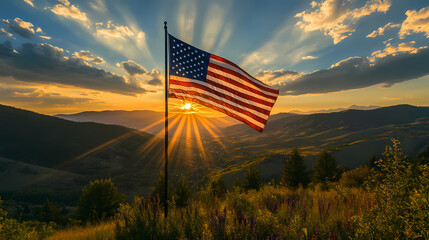 American Flag at Sunset: The American flag waves proudly against a radiant sunset, its stars and stripes illuminated by the golden hour's warm light over a picturesque landscape.