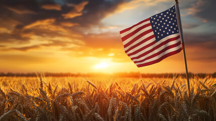 American Flag in Golden Wheat Field: An American flag flies proudly against a picturesque backdrop of a golden wheat field bathed in the warm glow of a sunset.