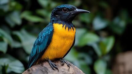 Vibrant Tropical Bird with Flowing Tail and Colorful Feathers Perched in Lush Greenery