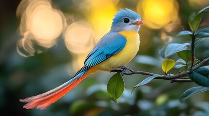 Obraz premium Vibrant Tropical Bird with Flowing Tail Perched on Leafy Branch in Soft Glowing Background