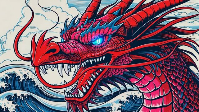 Crimson Dragon Ascendant: Illustration of a mythical creature over oceanic waves, stylized