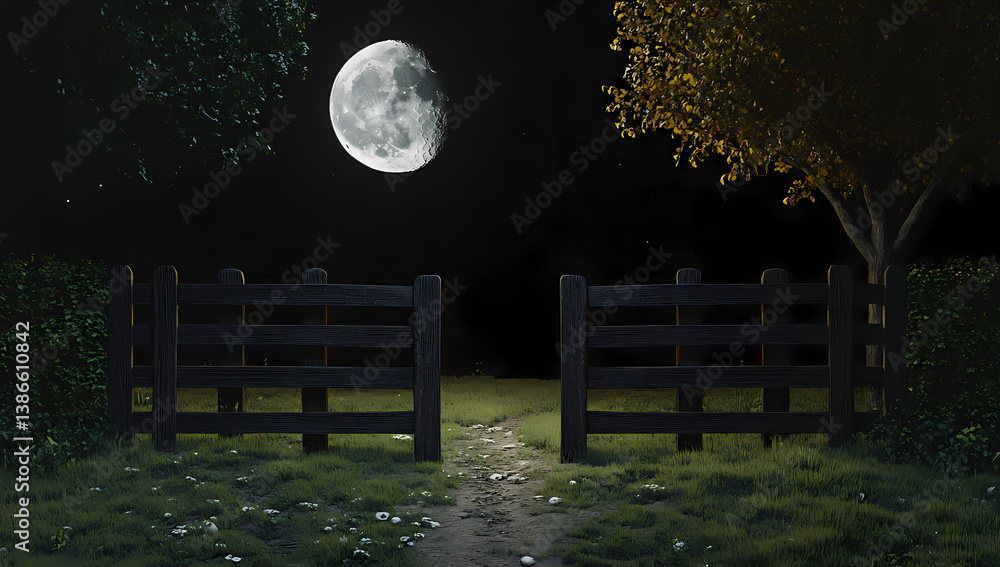 Poster moonlit pathway: a serene moonlit night scene unfolds as an open gate beckons the viewer into a tran