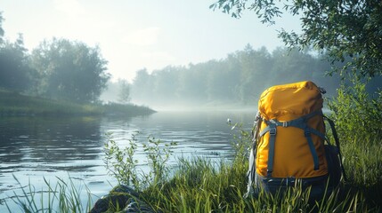 Obraz premium Bright Yellow Backpack by Serene Lake in Morning Mist with Lush Greenery Surrounding Outdoor Adventure Scene