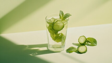 A refreshing cucumber and mint water in a glass. Featuring coolness and hydration