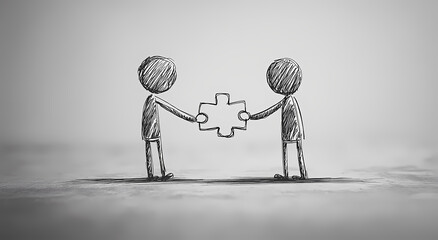 Teamwork and Collaboration: Two simple figures connecting a puzzle piece, representing unity, synergy, and the power of joining forces for a common goal. 