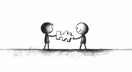Teamwork and Integration: An artistic sketch of two figures uniting with a puzzle piece, embodying collaboration, teamwork, and problem-solving, symbolizing synergy and connectivity.