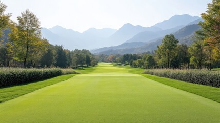 Naklejka premium Pristine golf course fairway stretches towards a majestic mountain backdrop. Lush green fairways, well-maintained landscaping, and a tranquil atmosphere