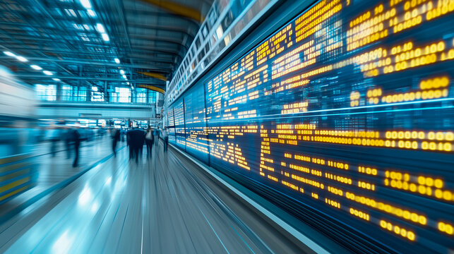 A time-lapse photo capturing the hustle and bustle of a stock market trading floor, portraying the fast-paced nature of financial business environments. - Powered by Adobe