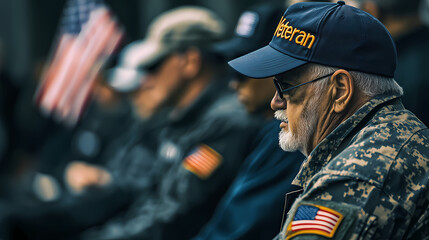 Pride and Remembrance: A veteran, wearing a cap, stands in solemn reflection, his gaze fixed on the scene of a ceremony, symbolizing honor and gratitude. 
