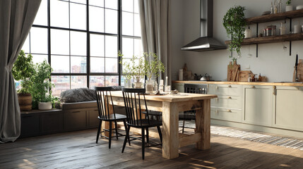 Fototapeta premium Kitchen interior with wooden table chairs and plants near a large window with gray curtains