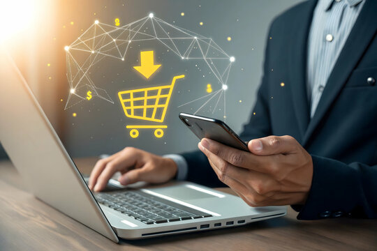 Businessman hold smartphone with online shopping concept, marketplace website with virtual interface of online Shopping cart part of the network, Online shopping business with selecting shopping cart.