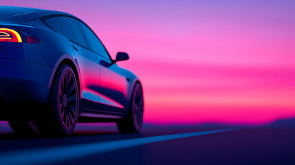 Dark Blue Electric Car Driving on Highway at Sunset
