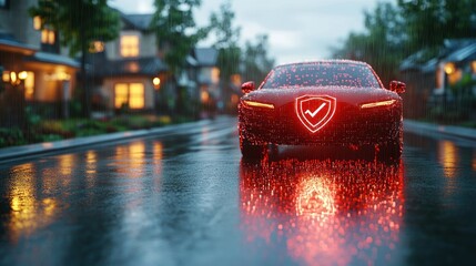 Red electric car on a wet street, security checkmark graphic