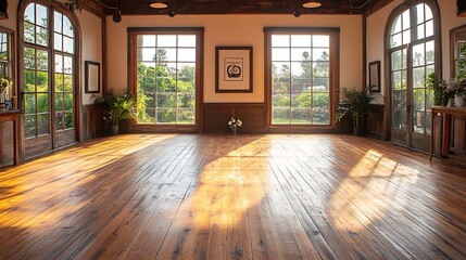 Fototapeta premium Spacious and Bright Empty Loft Interior with Wooden Flooring and Natural Light Streaming In