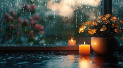 Cozy Evening with Candle and Flower Pot by Rainy Window