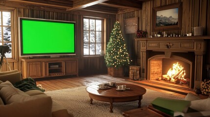 Cozy Christmas Cabin Living Room with Green Screen TV