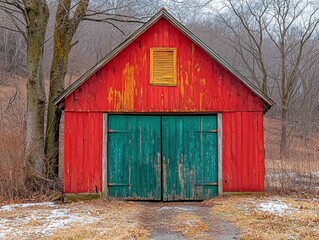 Naklejka premium Vibrant Red Barn with Green Doors Amidst Winter Landscape in Rural Setting