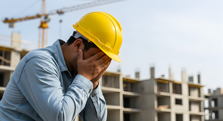 Frustrated Construction Worker Covering Face Wearing Yellow Hard Hat on Building Site with Crane and Structure