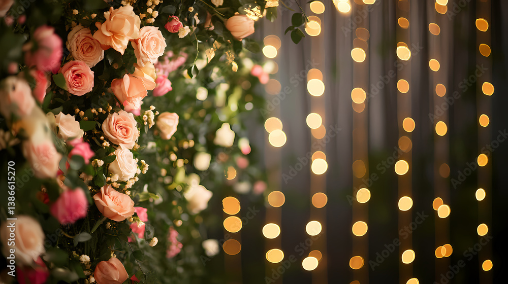 Poster blossom and bokeh: delicate roses in full bloom cascade across a backdrop of enchanting bokeh lights