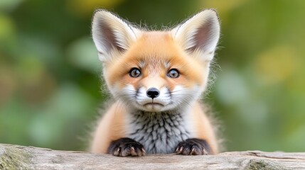 Obraz premium A cute red fox kit is the focus, its large eyes and fluffy fur captivating. It rests on a log, set against a softly blurred green background. The image is high quality, with natural lighting, showca