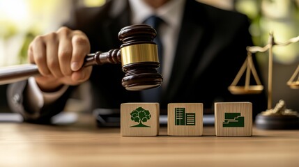 Judge's gavel striking blocks with environmental & development icons