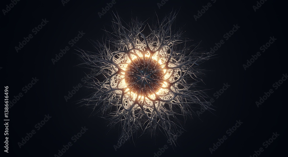 Poster abstract glowing orb of intertwined branches radiating light in a dark cosmic space, creating a mesm