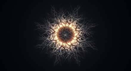 Abstract glowing orb of intertwined branches radiating light in a dark cosmic space, creating a mesmerizing and ethereal visual effect
