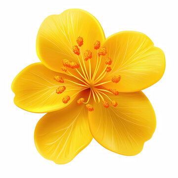 Realistic illustration of a vibrant yellow Ochna integerrima flower with detailed petals and stamens, symbol of spring celebration, isolated on transparent background.