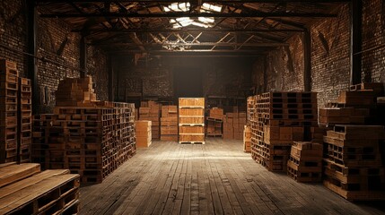Detailed View of an Industrial Warehouse Featuring Wooden Pallets and Soft Light Enhancing Logistics and Distribution Concepts