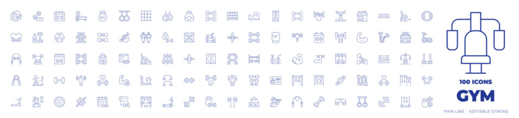 100 Gym Icons Collection. Thin line icon. Editable stroke. sport, dumbbell, weights, treadmill, calendar, lockers, pilates, home, contour step barrel, wheel