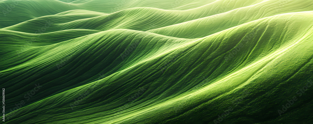 Poster rolling green terrain: abstract of flowing green forms reminiscent of rolling hills, creating a sens