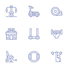 Gym icons set. Thin Line style, editable stroke. treadmill, acrobatics, pilates, gym, gym station, weights, dumbbell, weightlifting